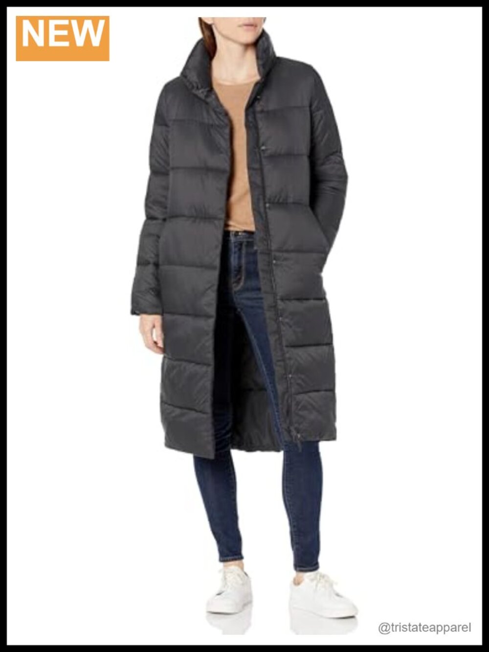 Lightweight Full-Zip Water-Resistant Long Cocoon Puffer Winter Coat Stand Collar